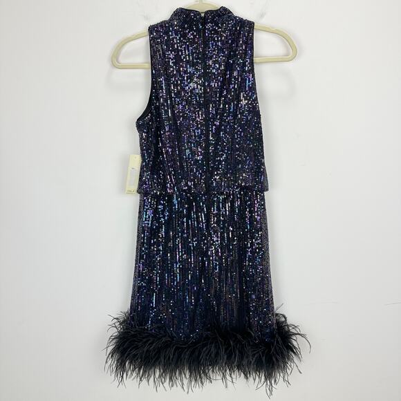 Eliza J Sequined Feather Hem Mini Dress Party Glam Mockneck Sleeveless US 6 NWT - Picture 6 of 13
